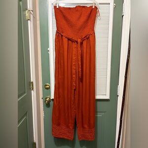 NAOO Nation AK Outfits Mustard Yellow Wide Leg Strapless Smocked Jumpsuit 1X